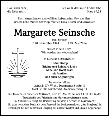 Anzeige von Margarete Seinsche von Kölner Stadt-Anzeiger / Kölnische Rundschau / Express