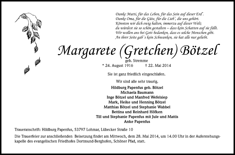  Traueranzeige für Margarete Bötzel vom 26.05.2014 aus Kölner Stadt-Anzeiger / Kölnische Rundschau / Express