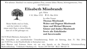 Anzeige von Elisabeth Missbrandt von Kölner Stadt-Anzeiger / Kölnische Rundschau / Express