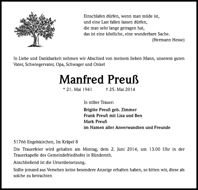  Traueranzeige für Manfred Preuß vom 27.05.2014 aus Kölner Stadt-Anzeiger / Kölnische Rundschau / Express