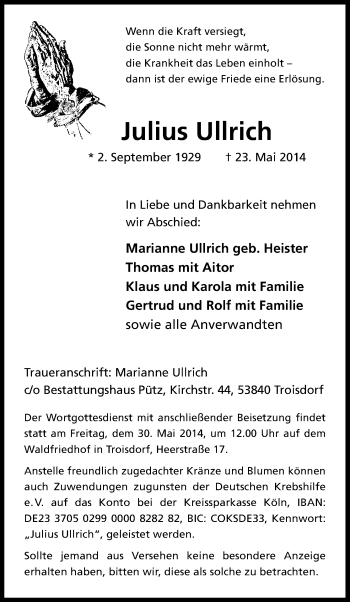 Anzeige von Julius Ullrich von Kölner Stadt-Anzeiger / Kölnische Rundschau / Express
