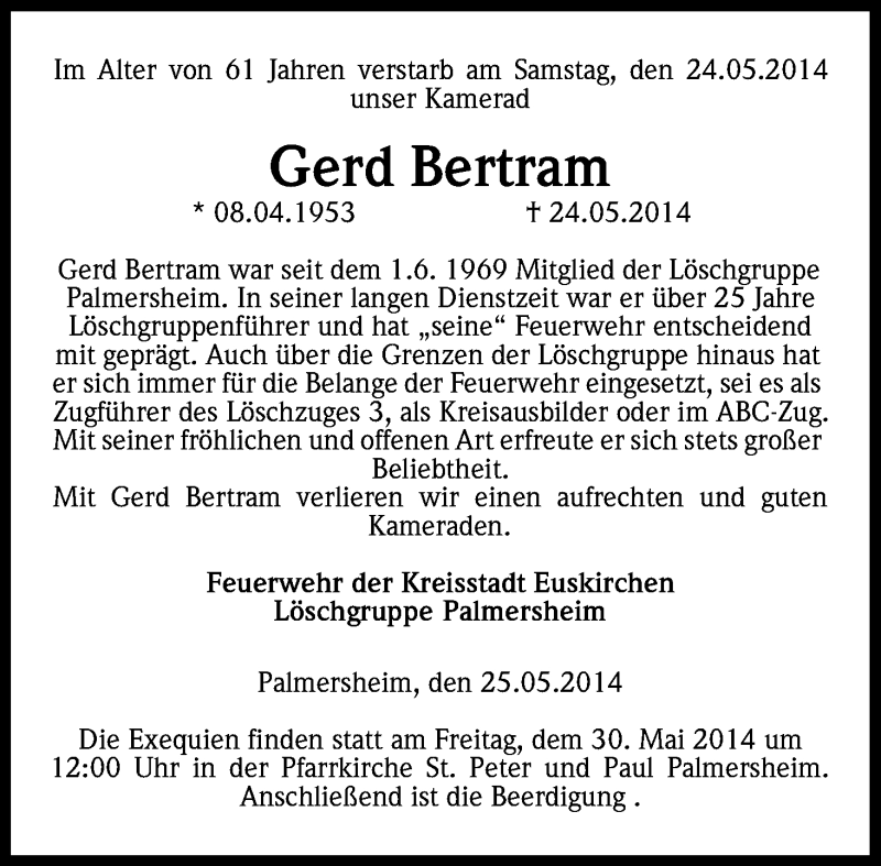  Traueranzeige für Gerd Bertram vom 27.05.2014 aus Kölner Stadt-Anzeiger / Kölnische Rundschau / Express