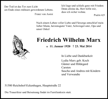 Anzeige von Friedrich Wilhelm Marx von Kölner Stadt-Anzeiger / Kölnische Rundschau / Express