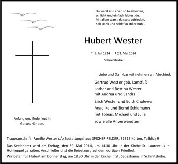 Anzeige von Hubert Wester von Kölner Stadt-Anzeiger / Kölnische Rundschau / Express