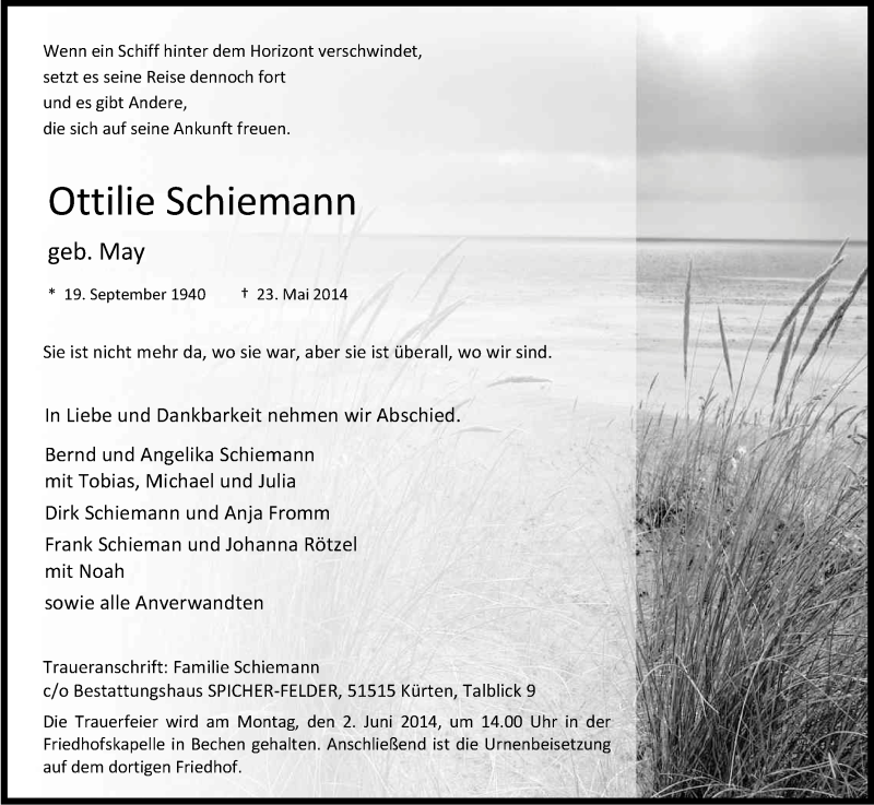  Traueranzeige für Ottilie Schiemann vom 27.05.2014 aus Kölner Stadt-Anzeiger / Kölnische Rundschau / Express