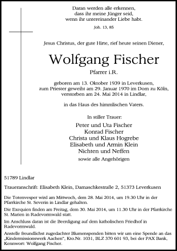 Anzeige von Wolfgang Fischer von Kölner Stadt-Anzeiger / Kölnische Rundschau / Express