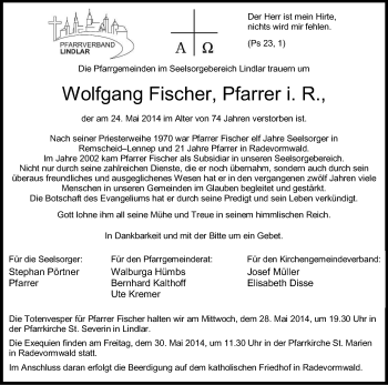 Anzeige von Wolfgang Fischer von Kölner Stadt-Anzeiger / Kölnische Rundschau / Express
