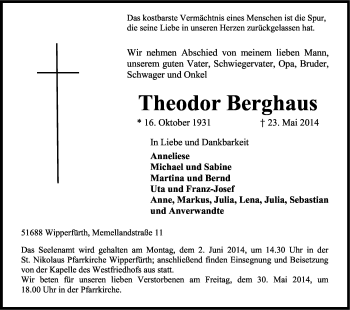 Anzeige von Theodor Berghaus von Kölner Stadt-Anzeiger / Kölnische Rundschau / Express