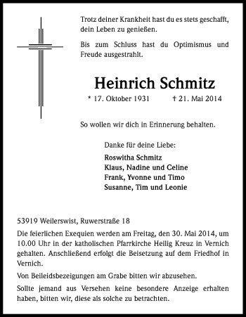 Anzeige von Heinrich Schmitz von Kölner Stadt-Anzeiger / Kölnische Rundschau / Express