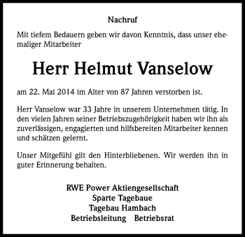 Anzeige von Helmut Vanselow von Kölner Stadt-Anzeiger / Kölnische Rundschau / Express