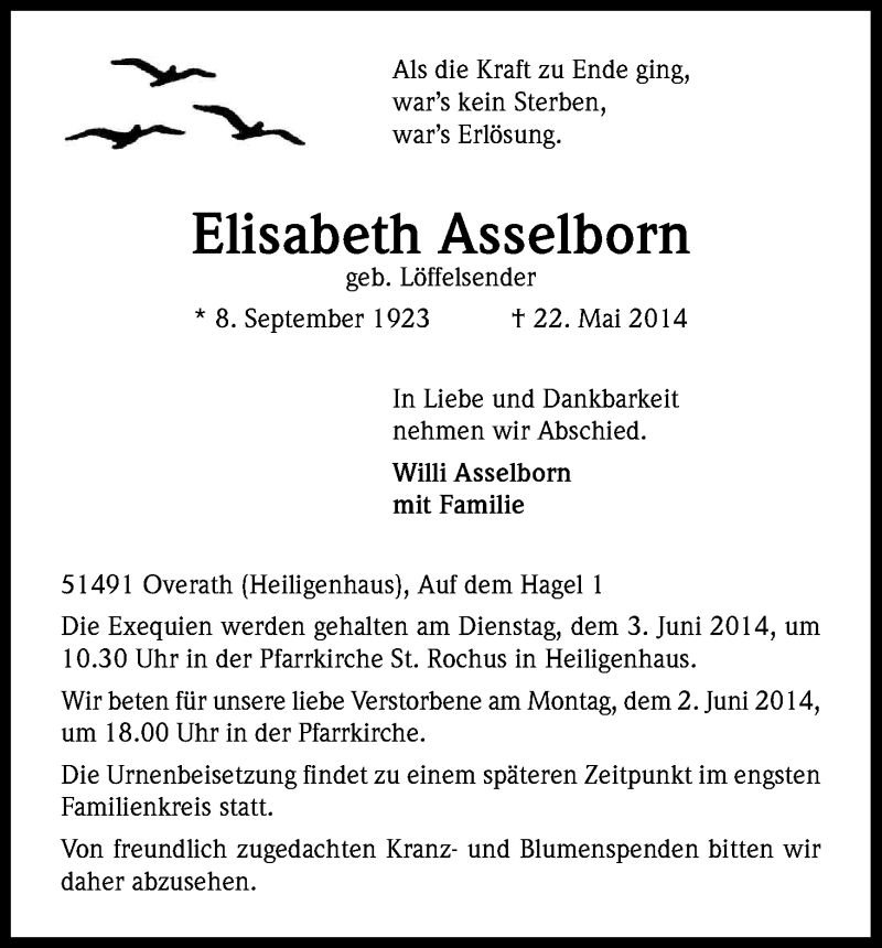  Traueranzeige für Elisabeth Asselborn vom 28.05.2014 aus Kölner Stadt-Anzeiger / Kölnische Rundschau / Express