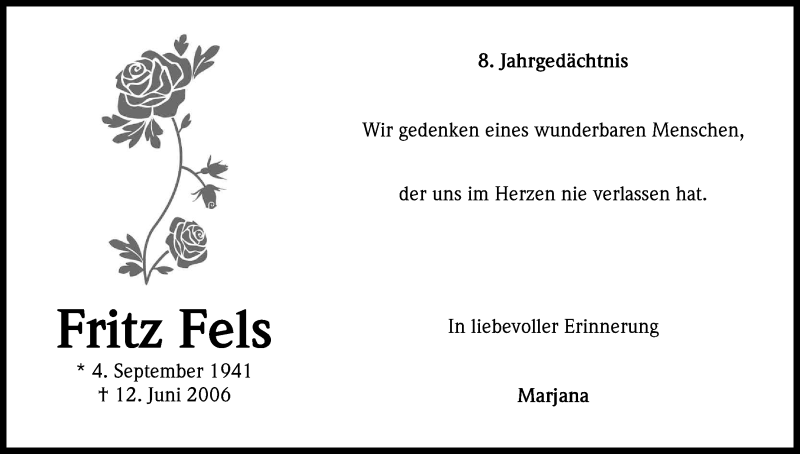  Traueranzeige für Fritz Fels vom 12.06.2014 aus Kölner Stadt-Anzeiger / Kölnische Rundschau / Express