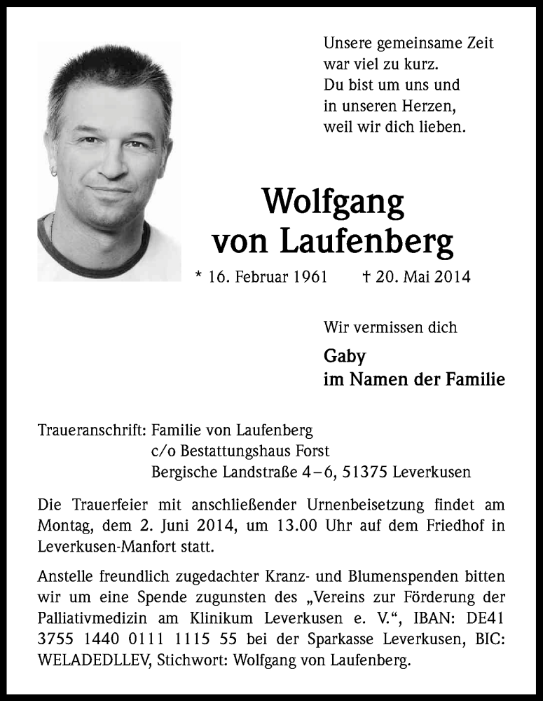  Traueranzeige für Wolfgang von Laufenberg vom 28.05.2014 aus Kölner Stadt-Anzeiger / Kölnische Rundschau / Express