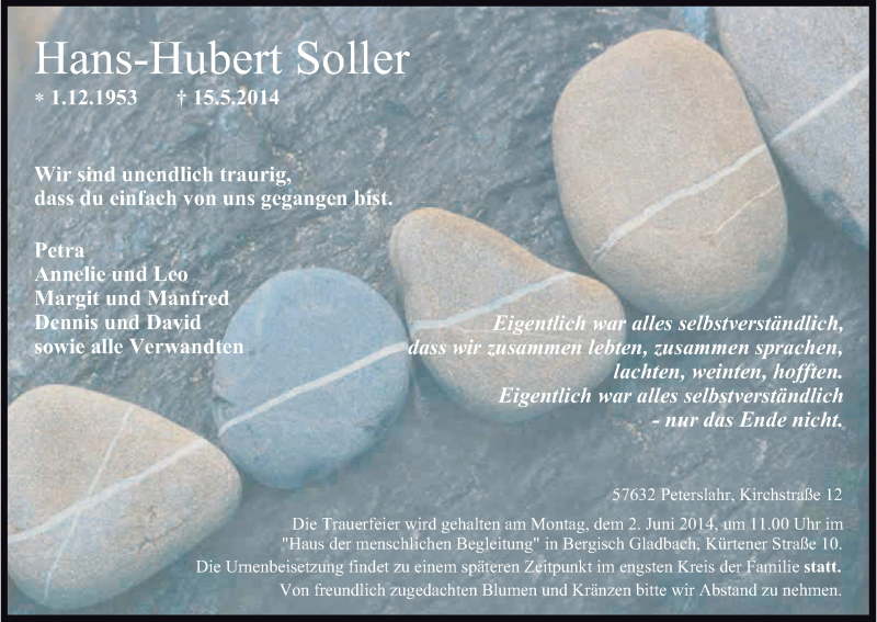 Traueranzeige für Hans-Hubert Soller vom 29.05.2014 aus Kölner Stadt-Anzeiger / Kölnische Rundschau / Express