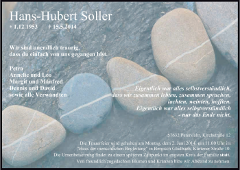 Anzeige von Hans-Hubert Soller von Kölner Stadt-Anzeiger / Kölnische Rundschau / Express