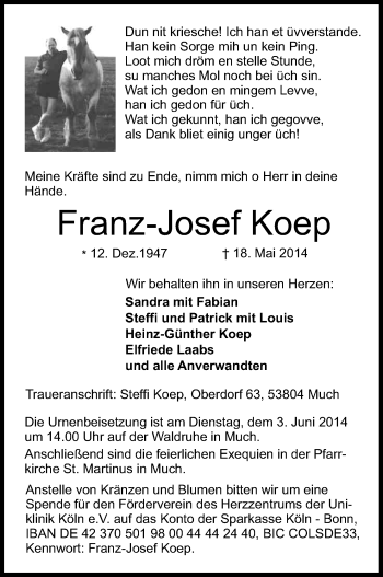 Anzeige von Franz-Josef Koep von Kölner Stadt-Anzeiger / Kölnische Rundschau / Express