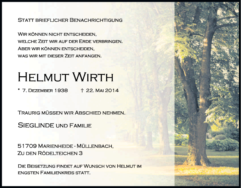  Traueranzeige für Helmut Wirth vom 28.05.2014 aus Kölner Stadt-Anzeiger / Kölnische Rundschau / Express