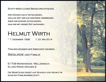 Anzeige von Helmut Wirth von Kölner Stadt-Anzeiger / Kölnische Rundschau / Express