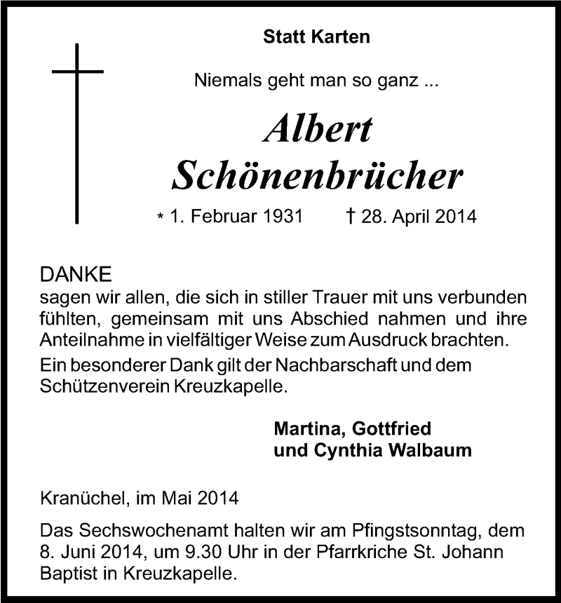  Traueranzeige für Albert Schönenbrücher vom 31.05.2014 aus Kölner Stadt-Anzeiger / Kölnische Rundschau / Express