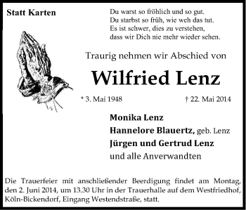 Anzeige von Wilfried Lenz von Kölner Stadt-Anzeiger / Kölnische Rundschau / Express