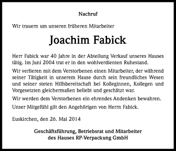 Anzeige von Joachim Fabick von Kölner Stadt-Anzeiger / Kölnische Rundschau / Express