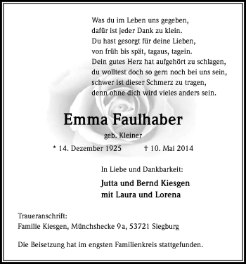 Anzeige von Emma Faulhaber von Kölner Stadt-Anzeiger / Kölnische Rundschau / Express