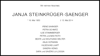 Anzeige von Janja Steinkrüger-Saenger von Kölner Stadt-Anzeiger / Kölnische Rundschau / Express
