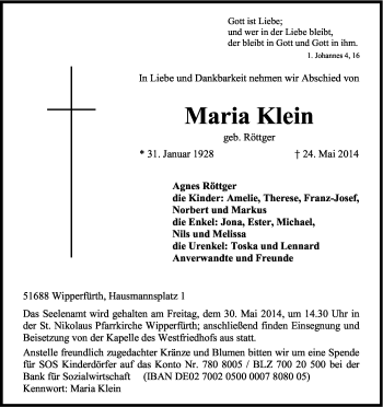 Anzeige von Maria Klein von Kölner Stadt-Anzeiger / Kölnische Rundschau / Express