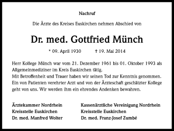 Anzeige von Gottfried Münch von Kölner Stadt-Anzeiger / Kölnische Rundschau / Express