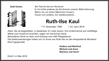 Anzeige von Ruth-Ilse Kaul von Kölner Stadt-Anzeiger / Kölnische Rundschau / Express