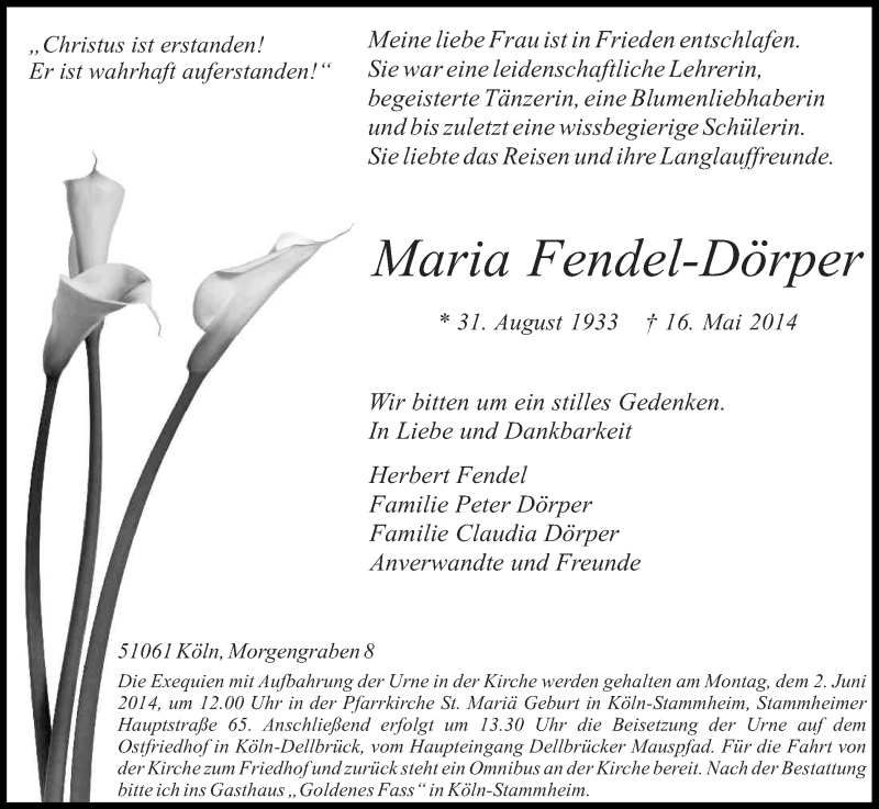  Traueranzeige für Maria Fendel-Dörper vom 28.05.2014 aus Kölner Stadt-Anzeiger / Kölnische Rundschau / Express