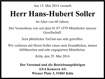 Anzeige von Hans-Hubert Soller von Kölner Stadt-Anzeiger / Kölnische Rundschau / Express