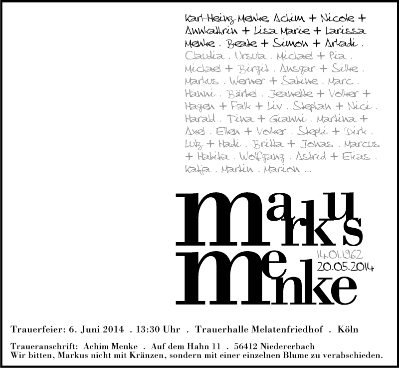  Traueranzeige für Markus Menke vom 31.05.2014 aus Kölner Stadt-Anzeiger / Kölnische Rundschau / Express