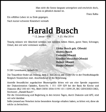 Anzeige von Harald Busch von Kölner Stadt-Anzeiger / Kölnische Rundschau / Express