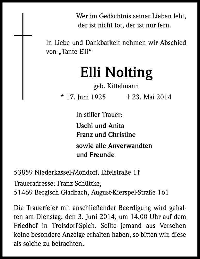  Traueranzeige für Elli Nolting vom 31.05.2014 aus Kölner Stadt-Anzeiger / Kölnische Rundschau / Express