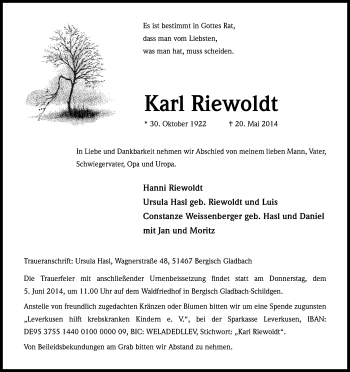 Anzeige von Karl Riewoldt von Kölner Stadt-Anzeiger / Kölnische Rundschau / Express