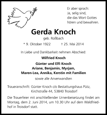Anzeige von Gerda Knoch von Kölner Stadt-Anzeiger / Kölnische Rundschau / Express