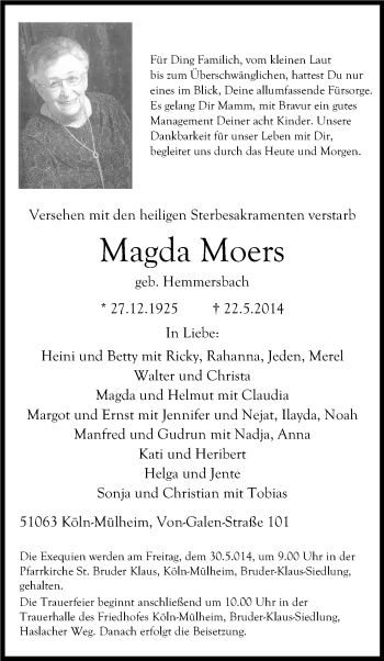 Anzeige von Magda Moers von Kölner Stadt-Anzeiger / Kölnische Rundschau / Express