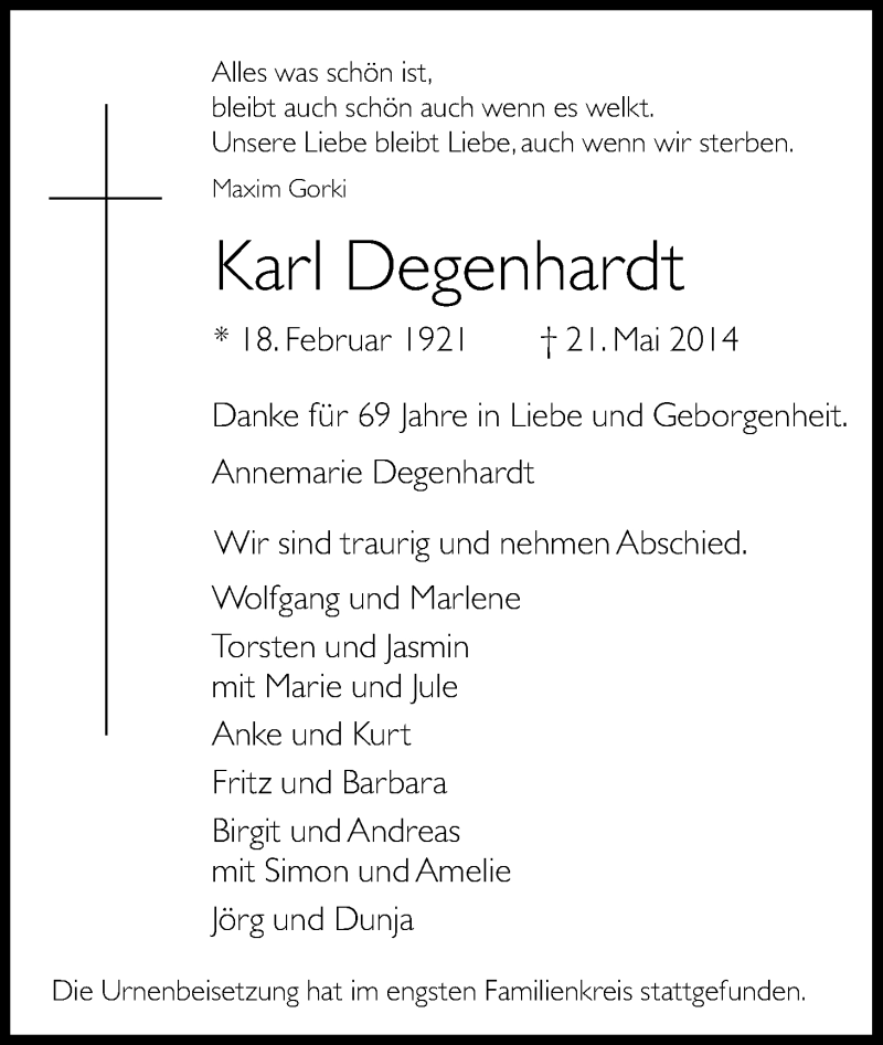  Traueranzeige für Karl Degenhardt vom 31.05.2014 aus Kölner Stadt-Anzeiger / Kölnische Rundschau / Express