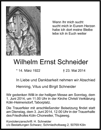 Anzeige von Willi Ernst Schneider von Kölner Stadt-Anzeiger / Kölnische Rundschau / Express