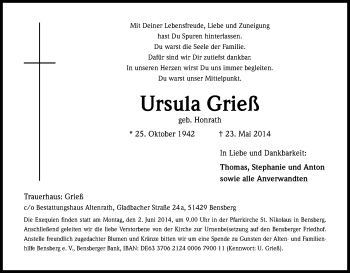Anzeige von Ursula Grieß von Kölner Stadt-Anzeiger / Kölnische Rundschau / Express