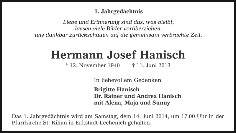  Traueranzeige für Hermann Josef Hanisch vom 11.06.2014 aus Kölner Stadt-Anzeiger / Kölnische Rundschau / Express