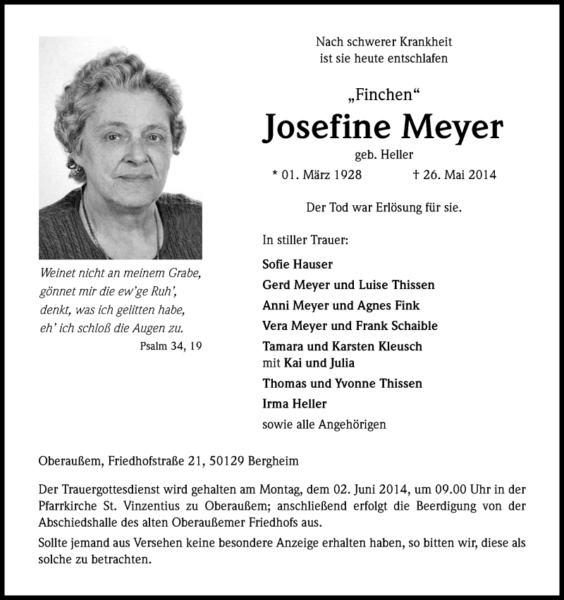  Traueranzeige für Josefine Meyer vom 31.05.2014 aus Kölner Stadt-Anzeiger / Kölnische Rundschau / Express