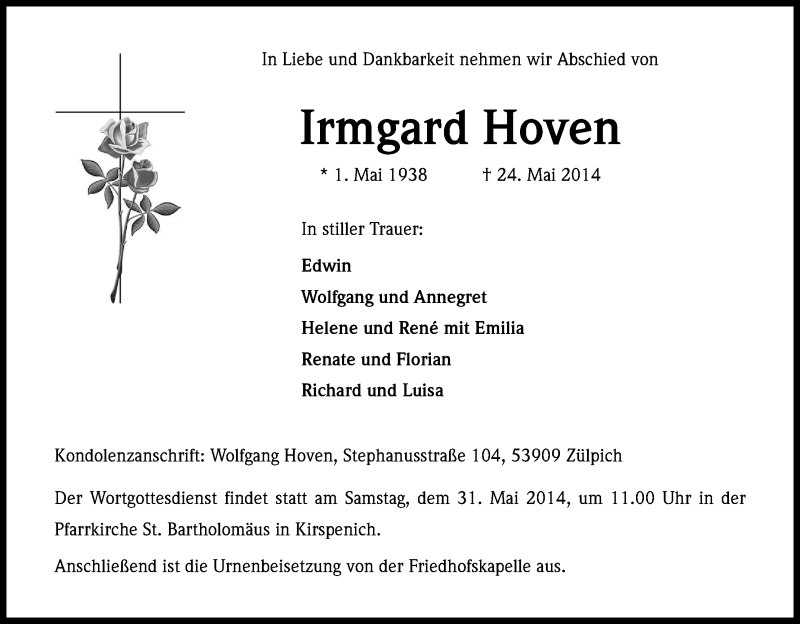  Traueranzeige für Irmgard Hoven vom 28.05.2014 aus Kölner Stadt-Anzeiger / Kölnische Rundschau / Express