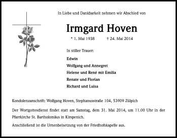 Anzeige von Irmgard Hoven von Kölner Stadt-Anzeiger / Kölnische Rundschau / Express