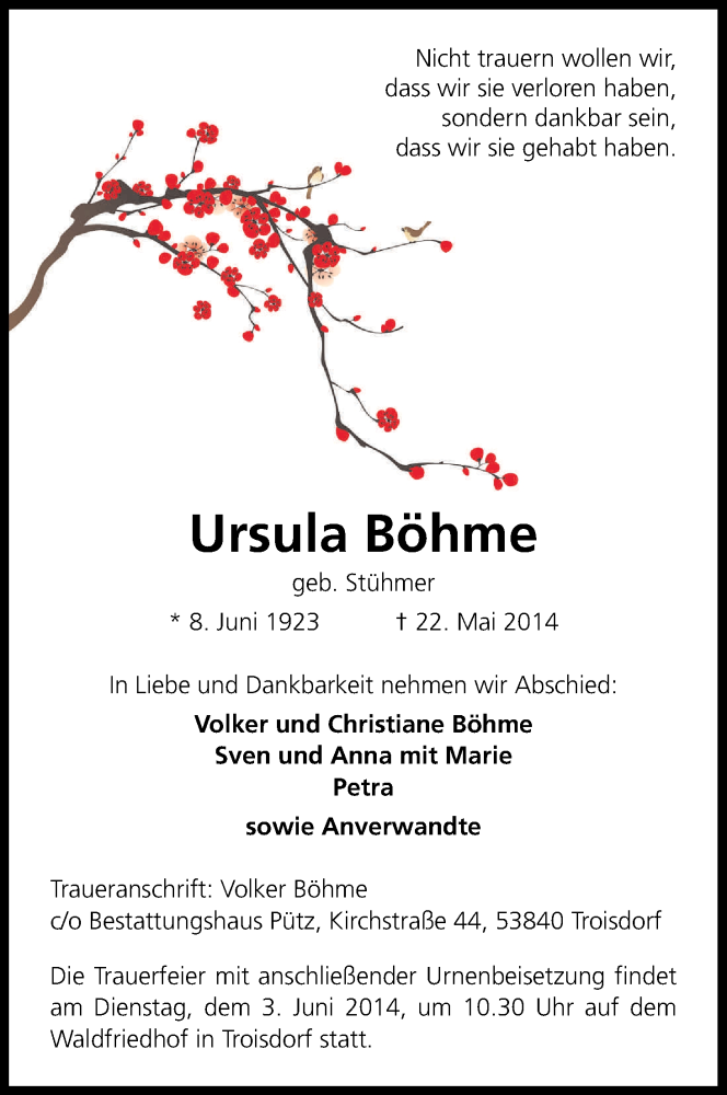  Traueranzeige für Ursula Böhme vom 28.05.2014 aus Kölner Stadt-Anzeiger / Kölnische Rundschau / Express