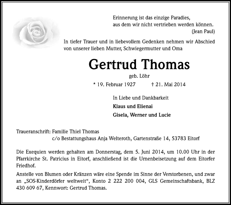  Traueranzeige für Gertrud Thomas vom 29.05.2014 aus Kölner Stadt-Anzeiger / Kölnische Rundschau / Express