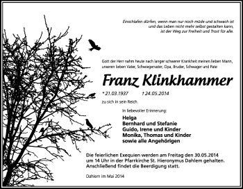 Anzeige von Franz Klinkhammer von Kölner Stadt-Anzeiger / Kölnische Rundschau / Express