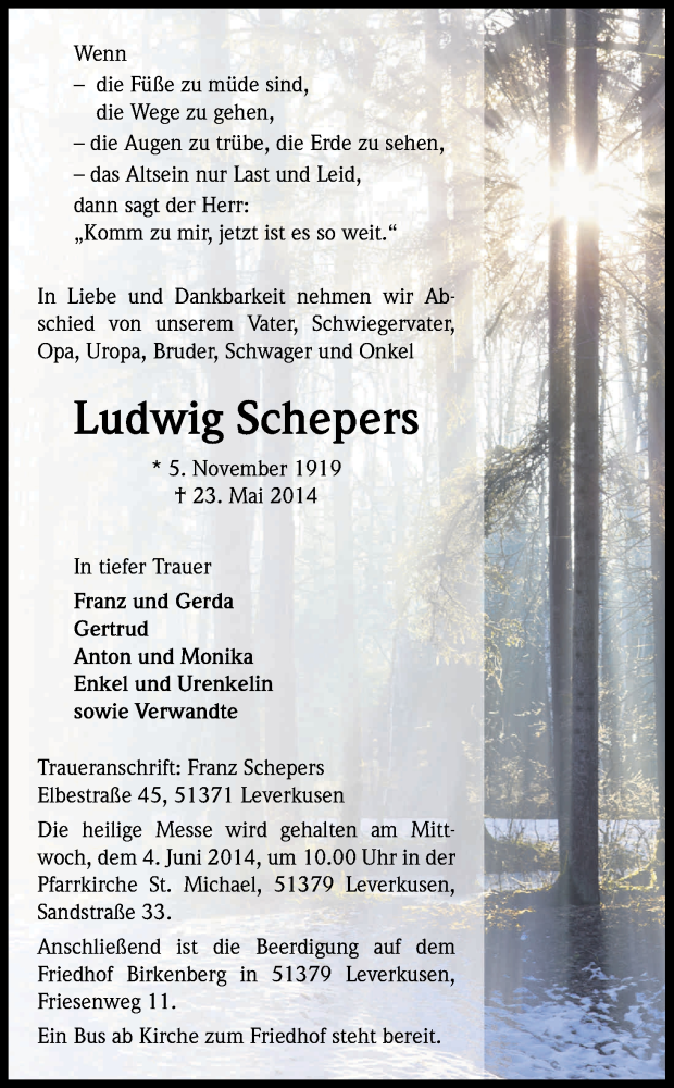  Traueranzeige für Ludwig Schepers vom 31.05.2014 aus Kölner Stadt-Anzeiger / Kölnische Rundschau / Express