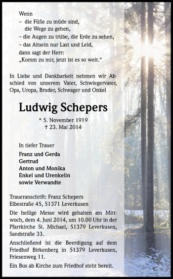 Anzeige von Ludwig Schepers von Kölner Stadt-Anzeiger / Kölnische Rundschau / Express